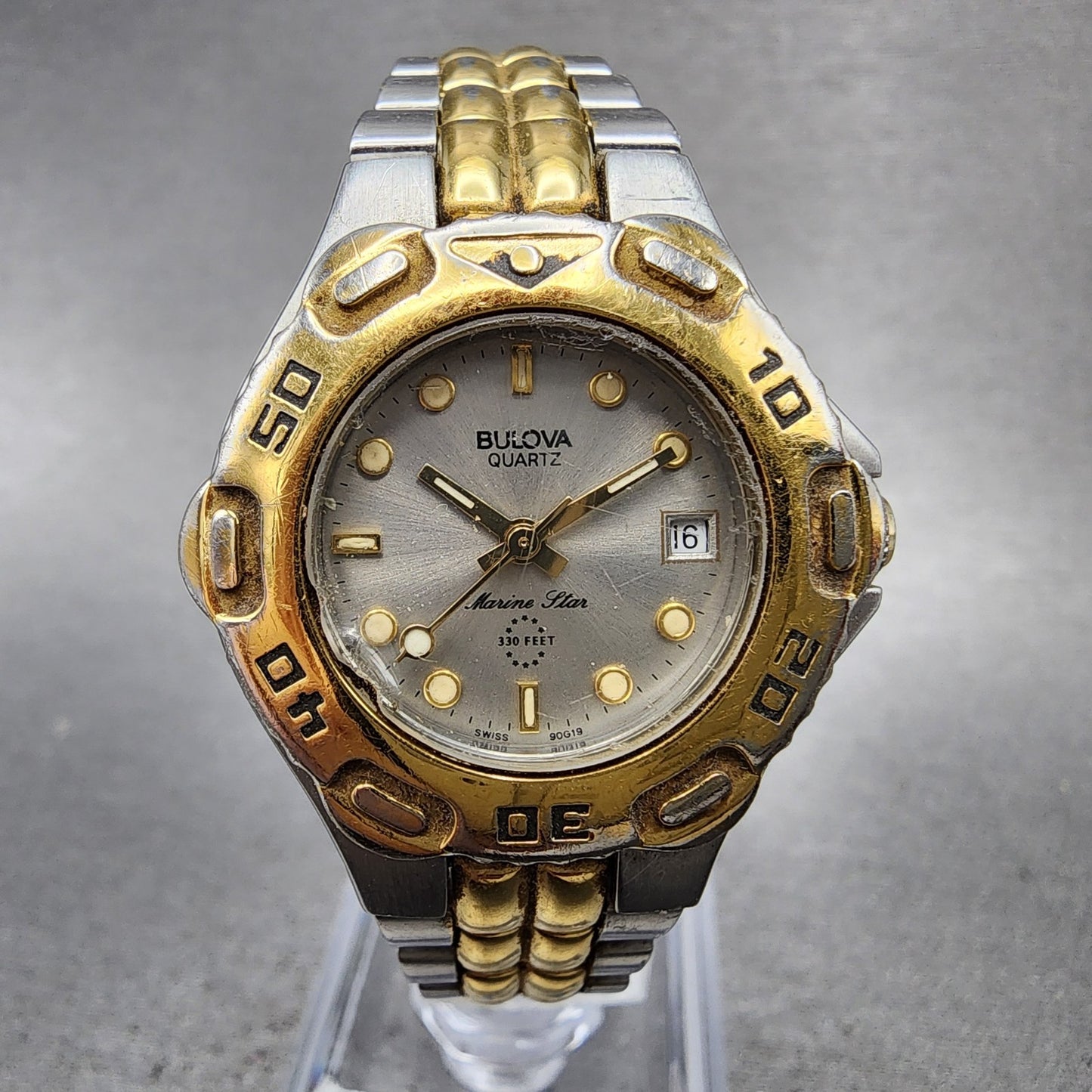 Bulova Marine Star Dive Watch Women 27mm Gray Dial Two Tone Date Round New batt0