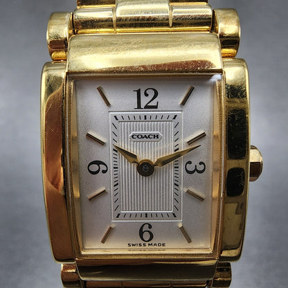 Coach Tank Watch Women 20mm White Dial Gold Tone Rectangle W015 New Battery1