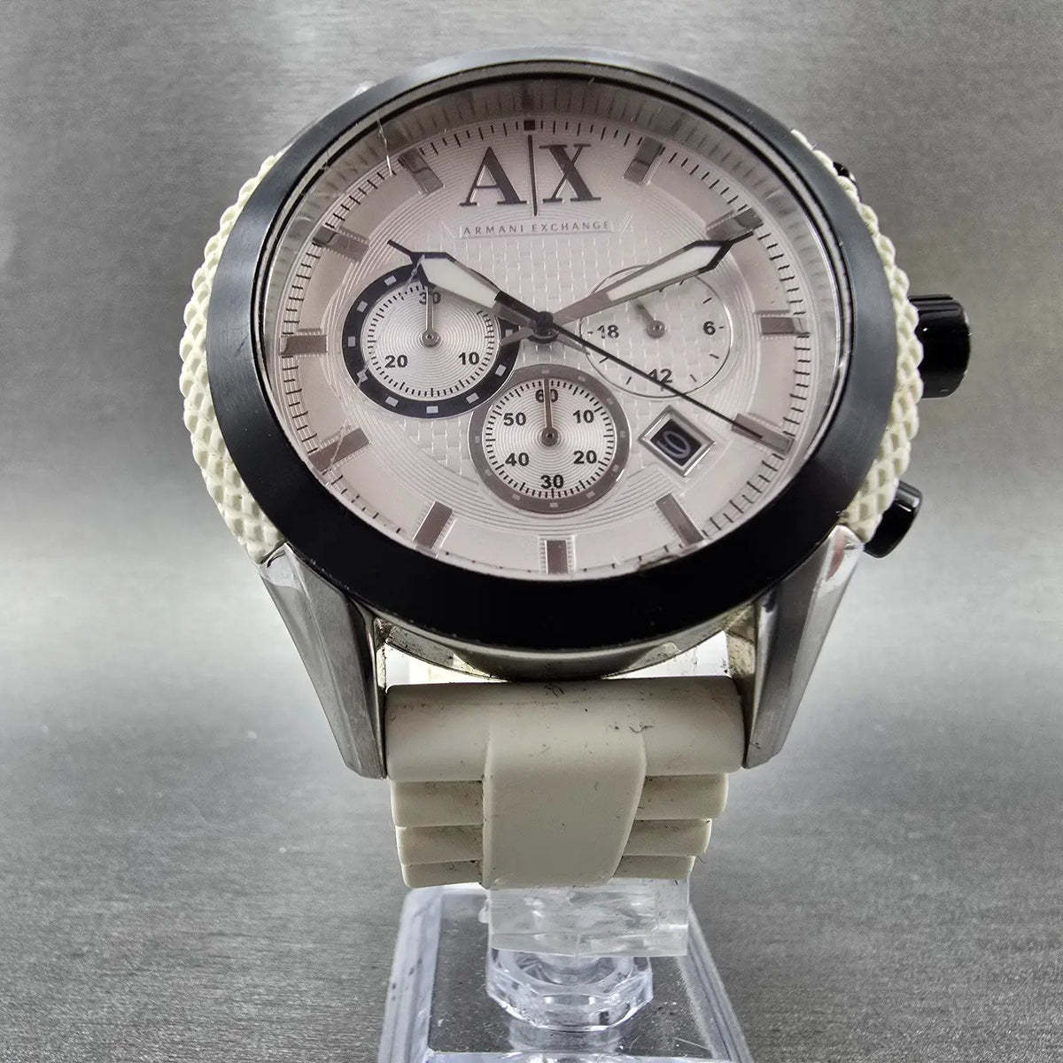 Armani Exchange Chronograph Watch Men 46mm White Dial White Silver Date New Batt5