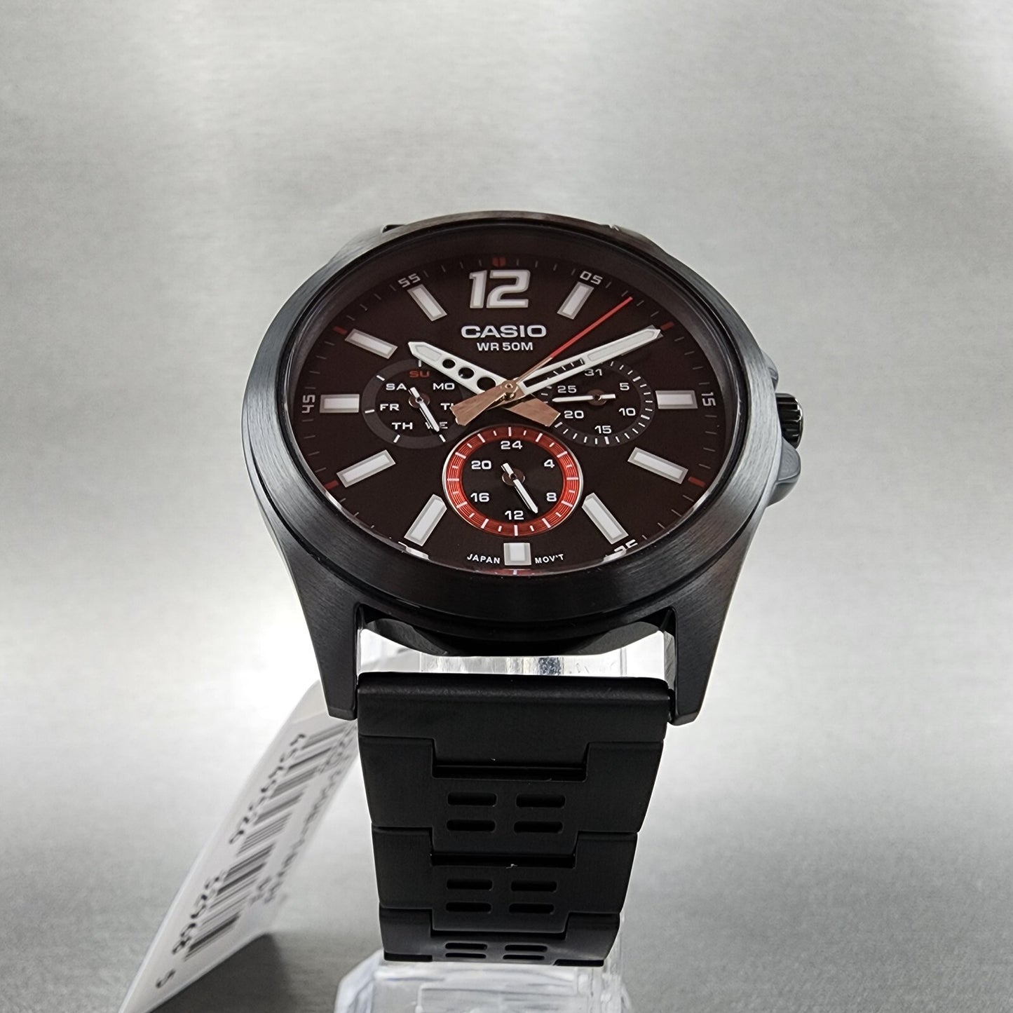 Casio MTP-E350 Watch Men 39mm Black Dial Black Steel Daydate Metal Bracelet