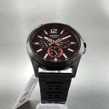 Casio MTP-E350 Watch Men 39mm Black Dial Black Steel Daydate Metal Bracelet