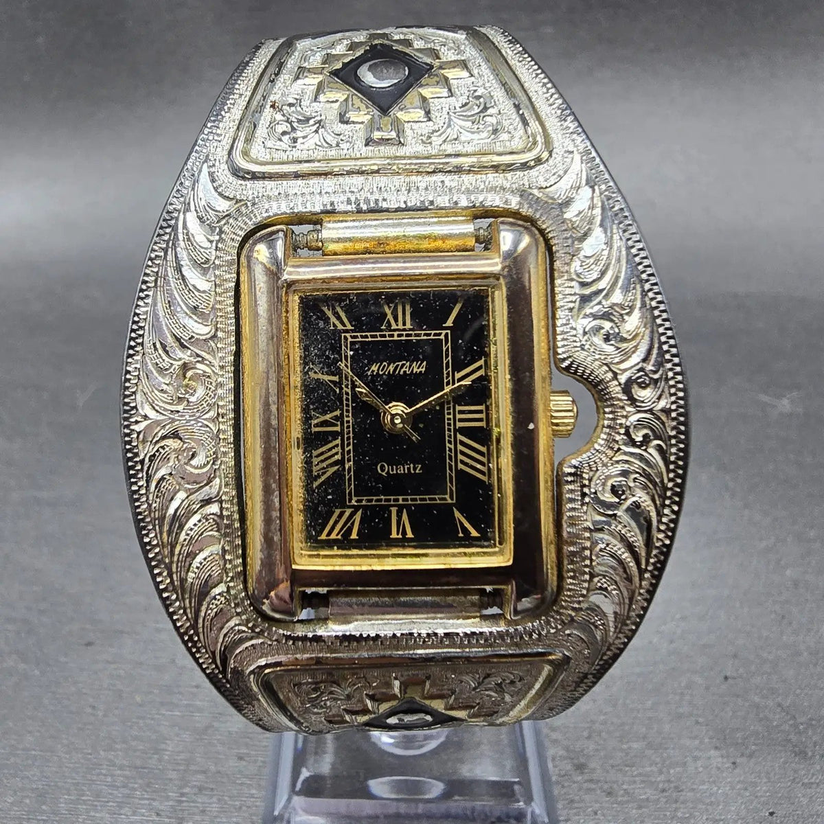 Montana Silversmiths Tank Watch Men 21mm Black Dial Gold Tone Cuff New Battery0