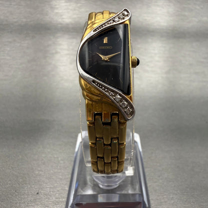 Seiko Half Moon Watch Women 14mm Black Dial Gold Tone Diamond 2E20-7309 New Batt5