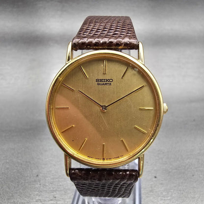 Seiko Watch Men 32mm Gold Dial Gold Tone Round 5Y30-7009 New Battery Vintage0