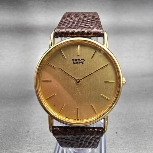 Seiko Watch Men 32mm Gold Dial Gold Tone Round 5Y30-7009 New Battery Vintage0