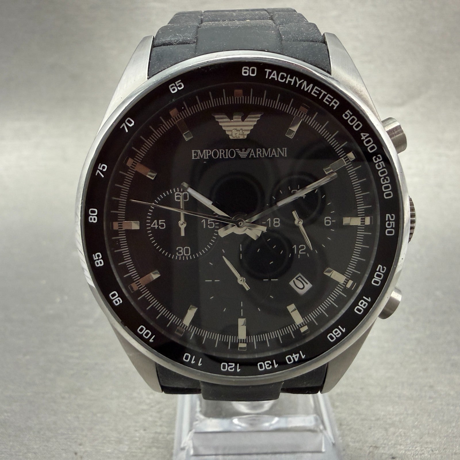 Emporio Armani Chronograph Watch Men 43mm Black Dial Steel Date AR-5890 New Batt0