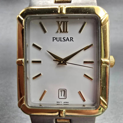 Seiko Pulsar Watch Men 26mm White Dial Two Tone Date Rectangle V732-X067 New Bat1
