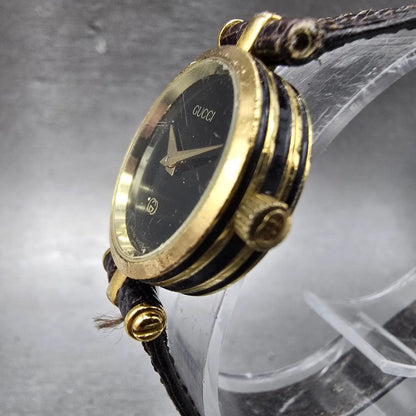 Gucci 2000L Watch Women 22mm Black Dial Gold Plated Round New Battery VTG BDRER2