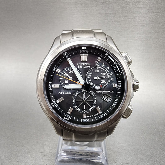 Citizen EcoDrive Attesa Watch Men 42mm Black Dial Titanium Chrono E610 Works0
