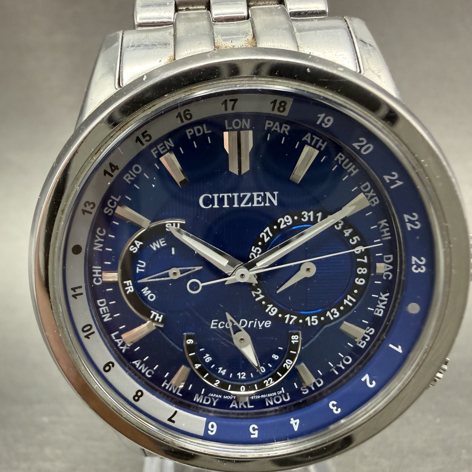 Citizen Eco-Drive Calendrier Watch Men 44mm Blue Dial Steel Daydate BU2021 Runs1