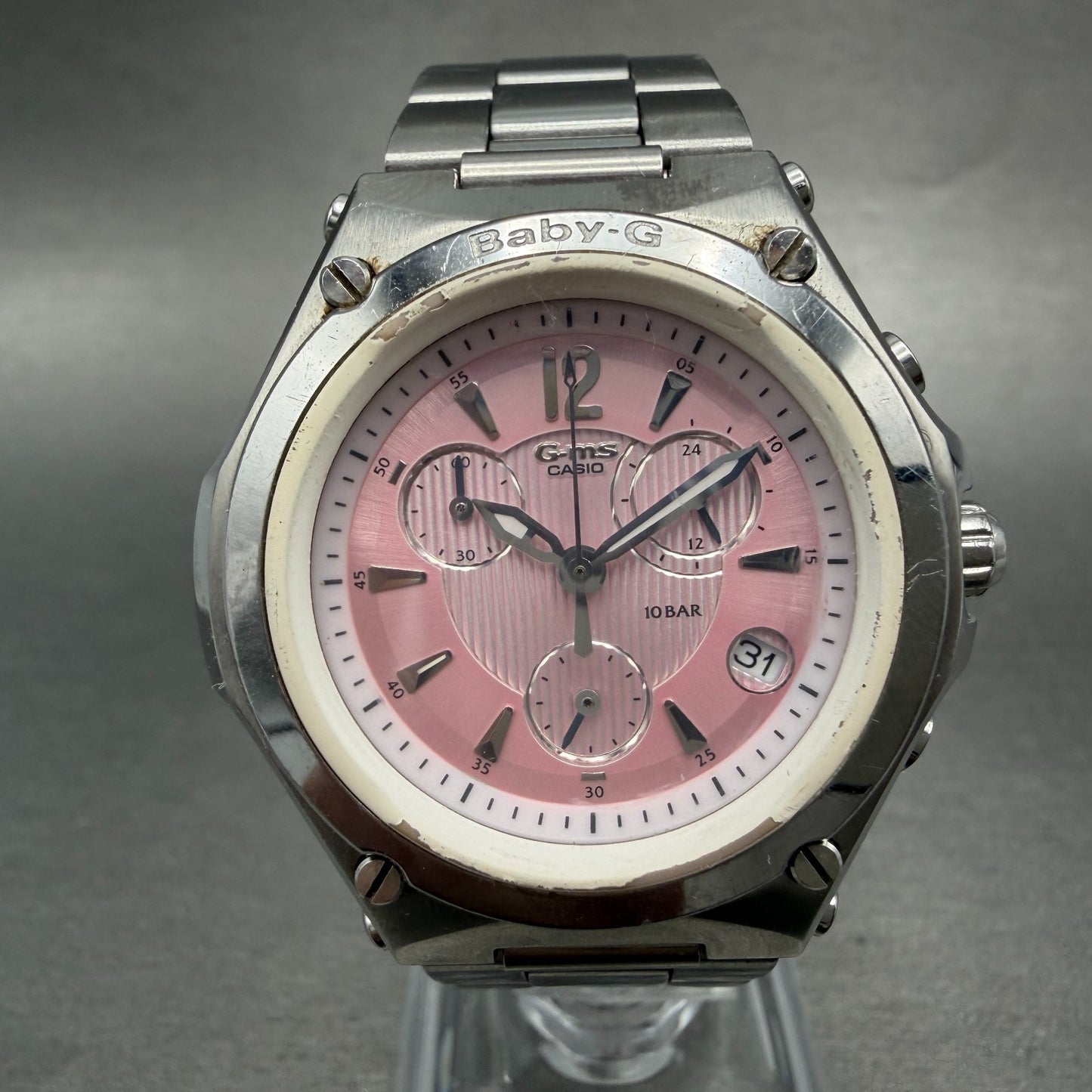 Casio Baby-G Chronograph Watch Women 37mm Pink Dial Steel Date Round New Battery0
