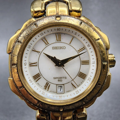 Seiko Sports 50 Watch Women 27mm MOP Dial Gold Tone Date 7n820479 New Battery1