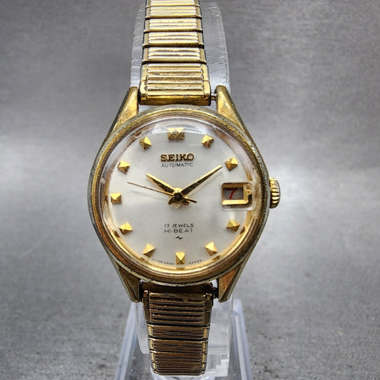 Seiko Automatic Watch Women 23mm White Dial Gold Tone Date 22050259 Runs0