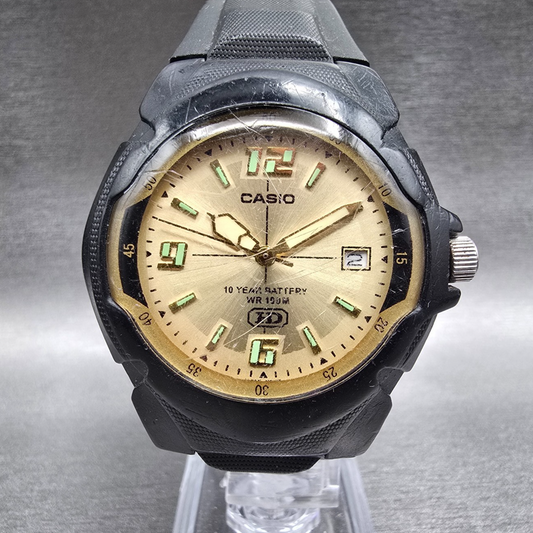 Casio MW-600 Watch Men 39mm Gold Dial Black Tone Date Round New Battery0