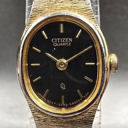 Citizen CQ Watch Women 17mm Black Dial Gold Tone Oval 3220-S16598 New Battery TR1