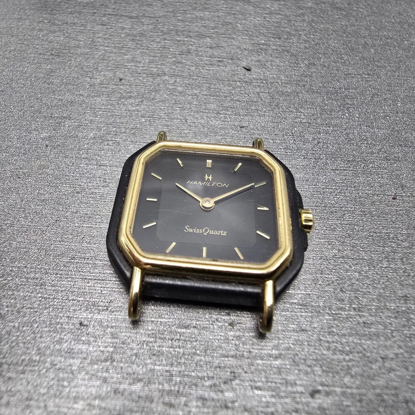 Hamilton Watch Women 22mm Black Dial Black Gold Tone Octagon VTG PARTS7