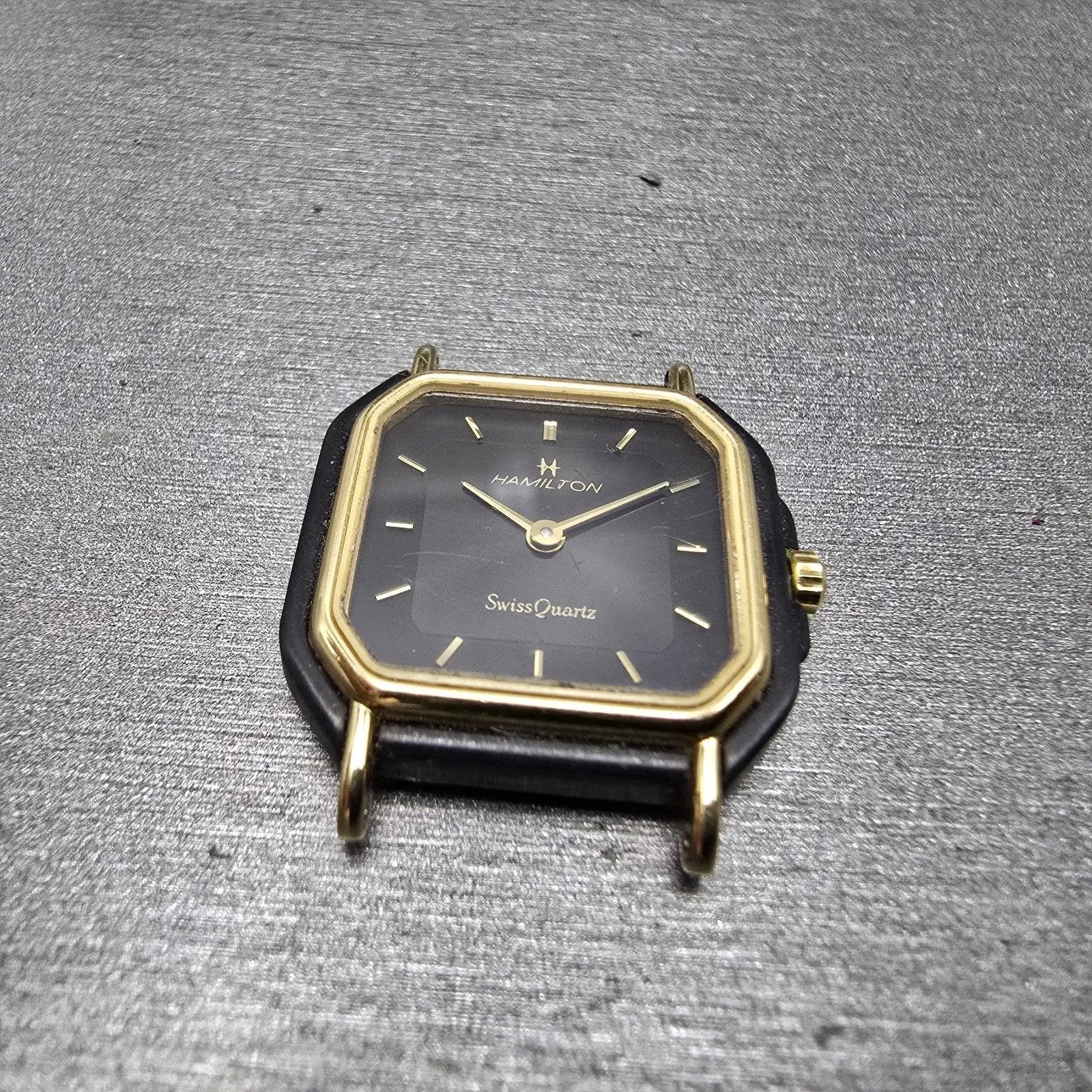 Hamilton Watch Women 22mm Black Dial Black Gold Tone Octagon VTG PARTS7