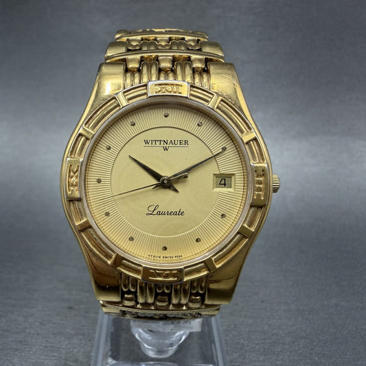 Wittnauer Laureate Watch Men 33mm Gold Dial Gold Tone Date Round New Battery0