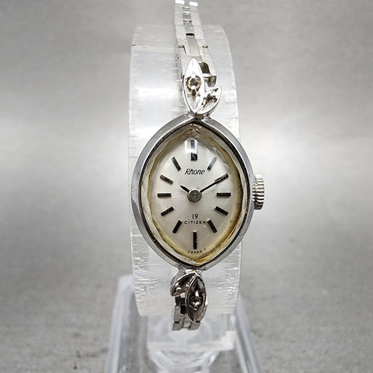 Citizen Rhone Watch Women 14mm Silver Dial White Gold Plated Oval Manual Runs0