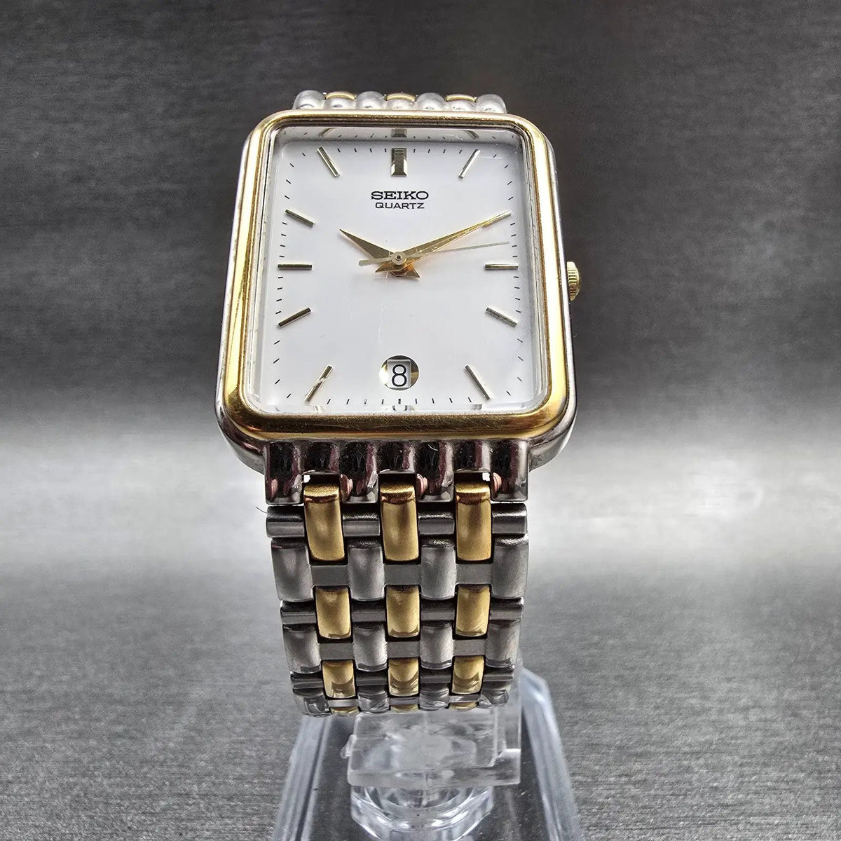 Seiko Tank Watch Men 26mm White Dial Two Tone Date Rectangle 7N22-5A10 New Batt5