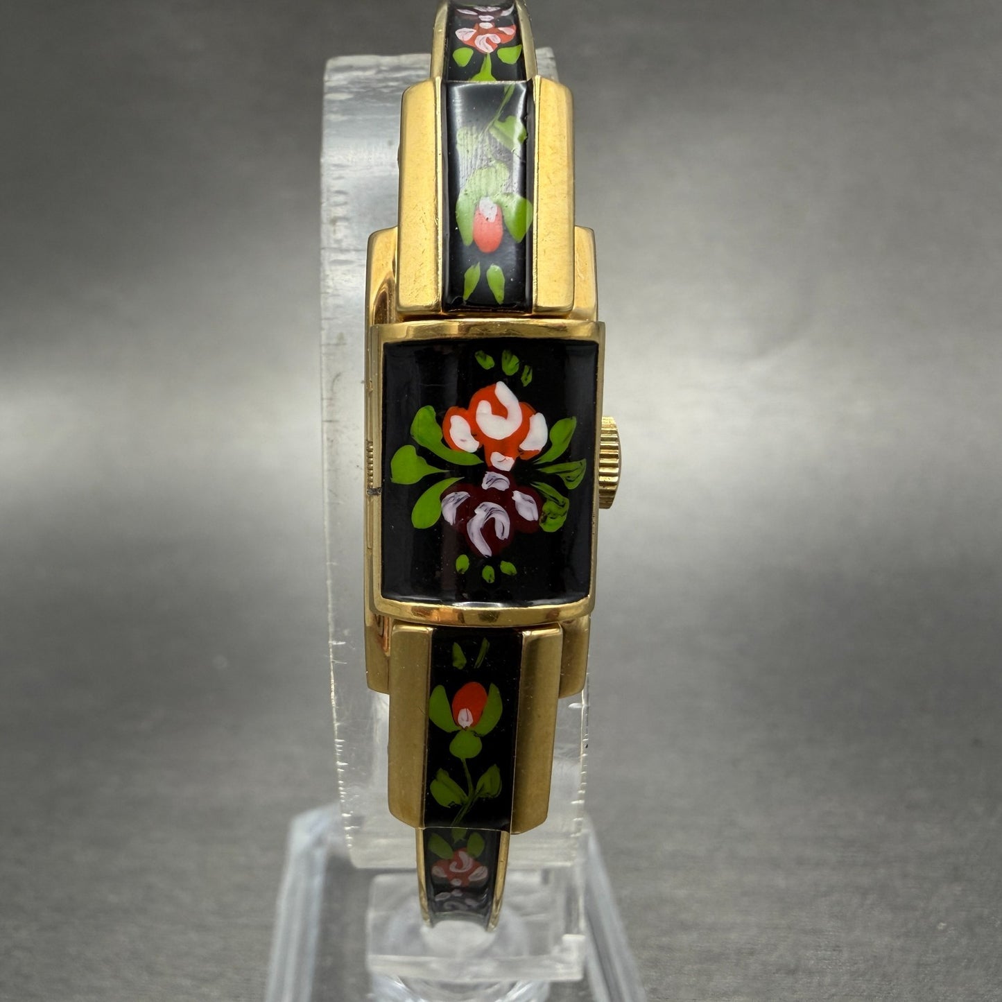Ritma Hideaway Watch Women Silver Dial Gold Tone Floral Rectangle Manual Wind0