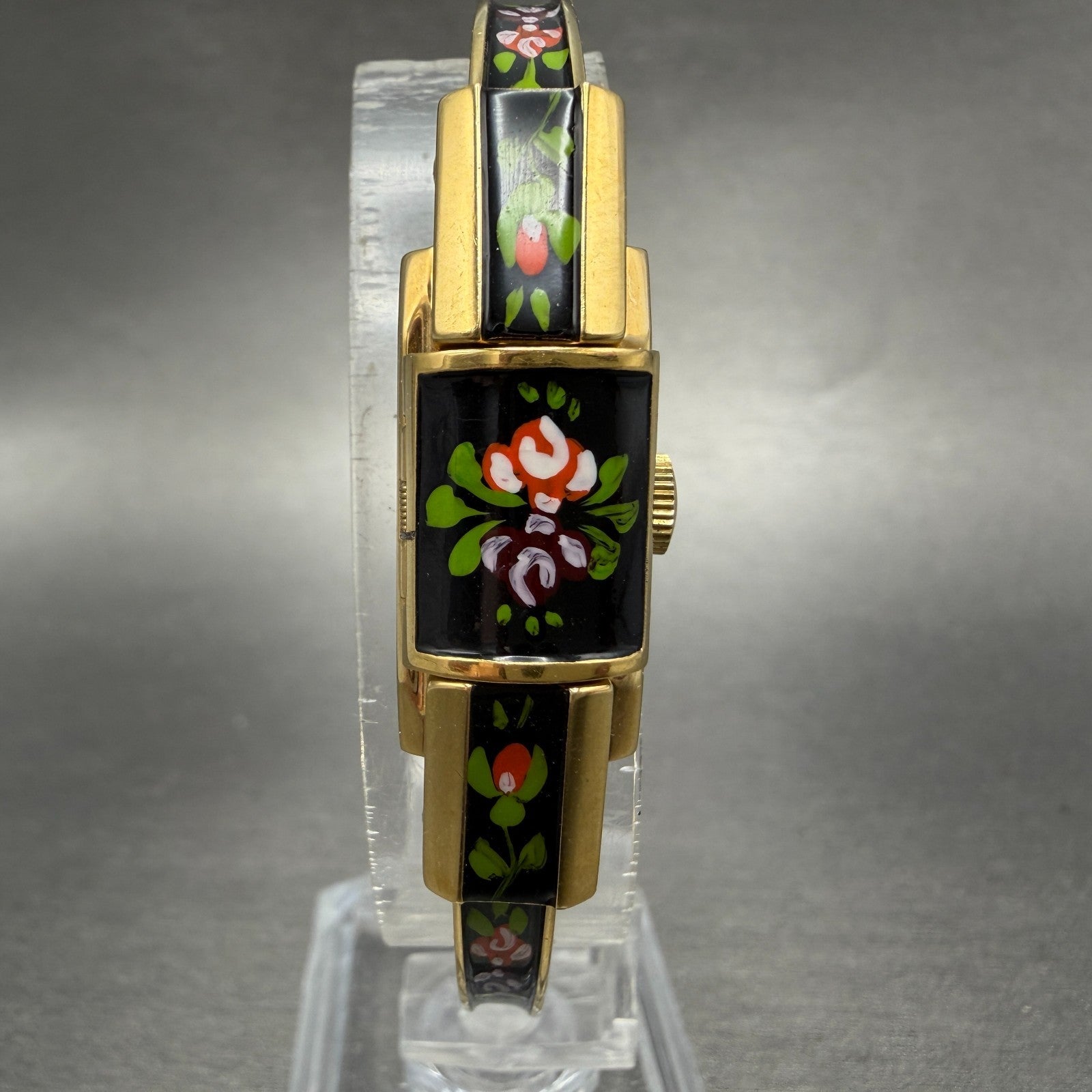 Ritma Hideaway Watch Women Silver Dial Gold Tone Floral Rectangle Manual Wind0
