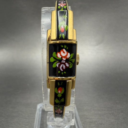 Ritma Hideaway Watch Women Silver Dial Gold Tone Floral Rectangle Manual Wind0