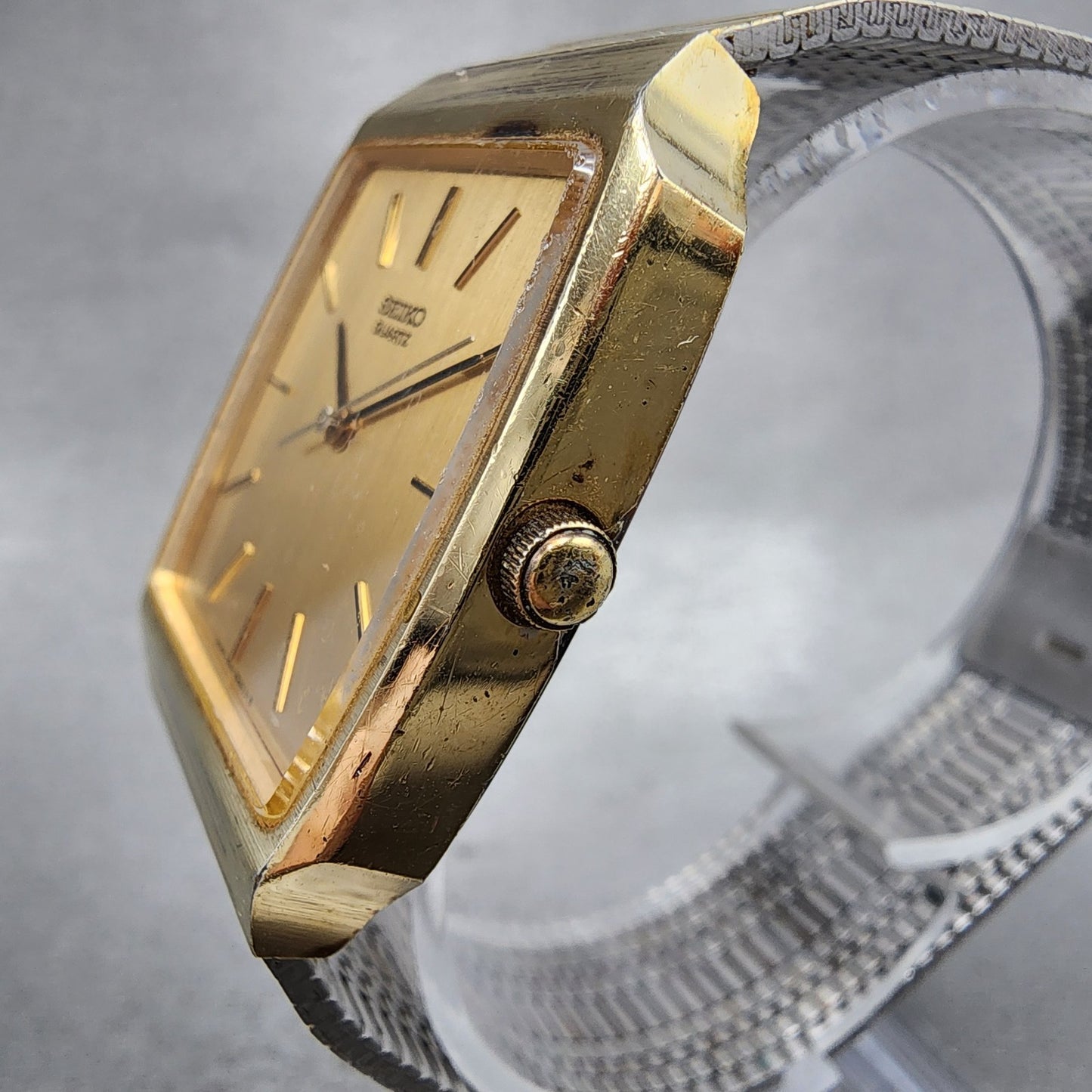Seiko Watch Men 30mm Champagne Dial Gold Tone Rectangle 34215229 New Battery2