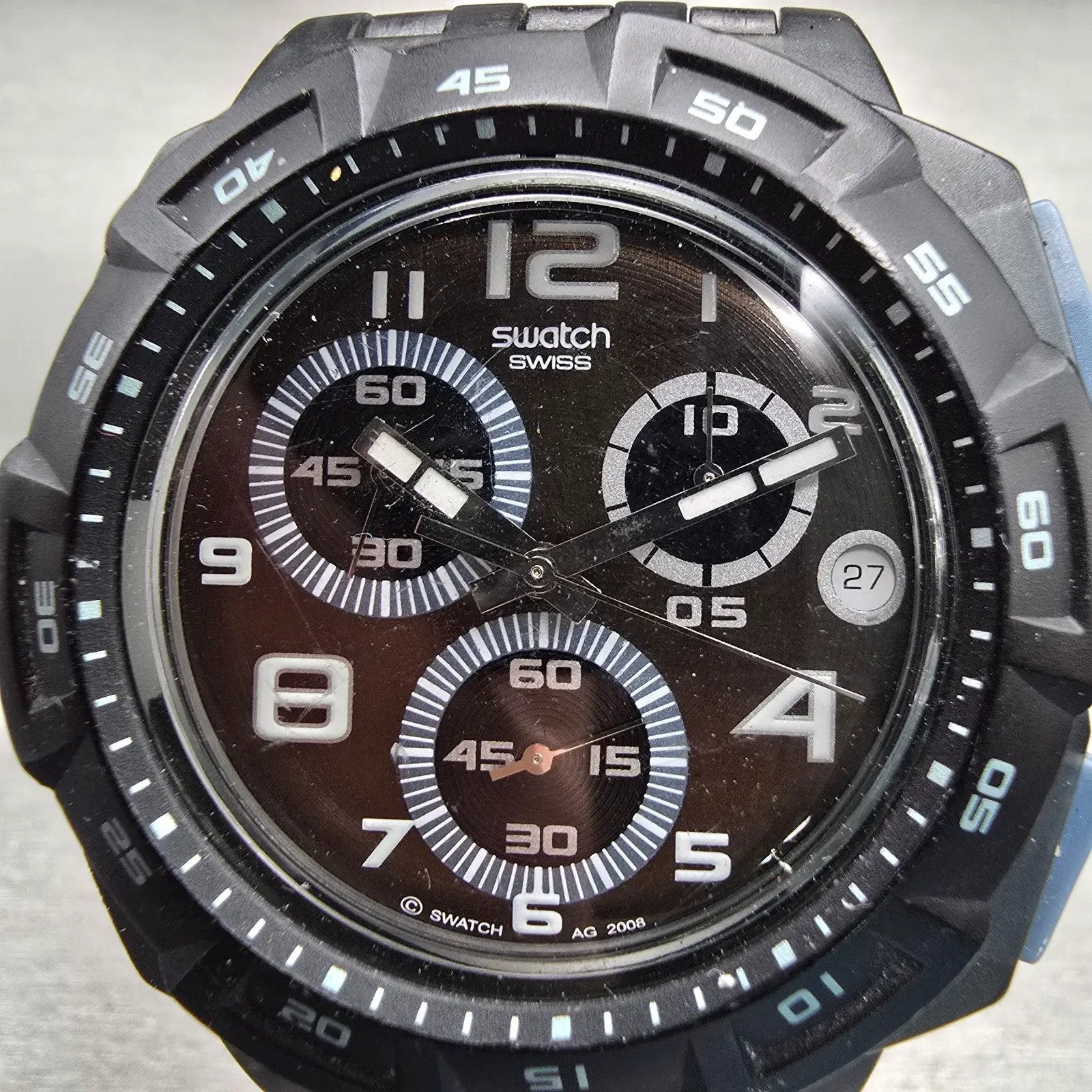 Swatch Follow The Track Chrono Watch Men Black Dial Black Date SUIM401 New Batt1
