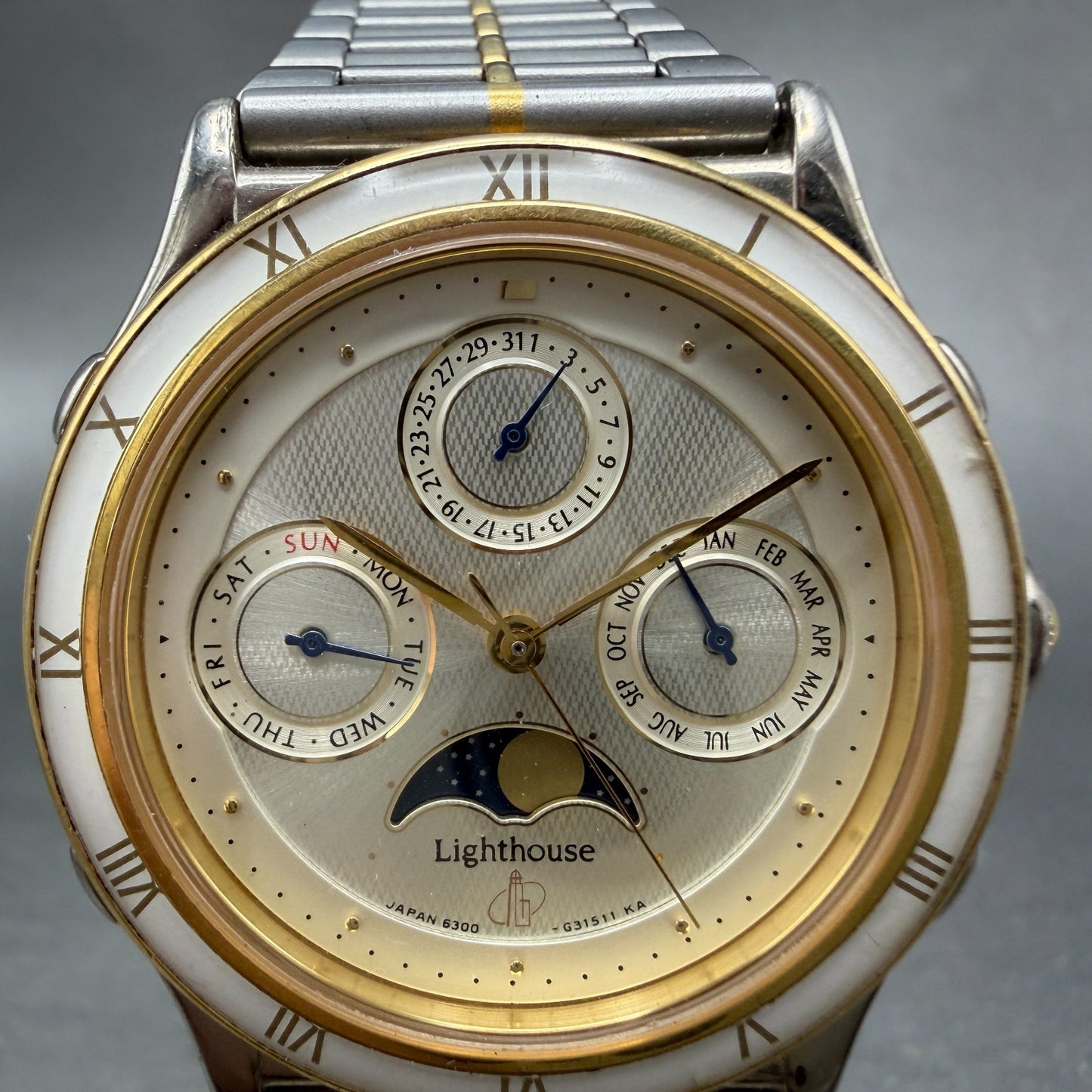 Citizen Lighthouse Triple Calendar Moon Phase Watch Men 35mm Champagne Two Tone1