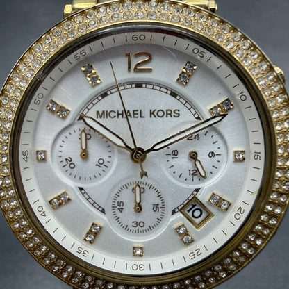 Michael Kors Parker Watch Women 39mm White Dial Gold Tone Date MK-6119 New Batt1