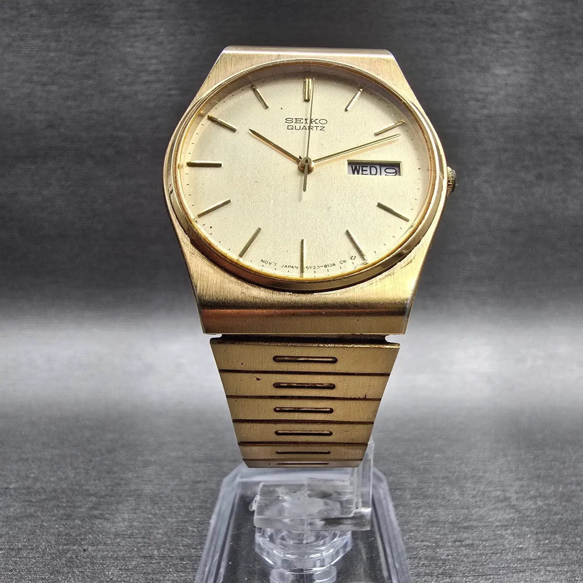 Seiko Watch Men 33mm Gold Dial Gold Daydate Round 5Y23-8119 New Battery VTG JDM5