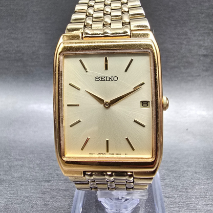 Seiko Tank Watch Men 27mm Champagne Dial Gold Date Rectangle 7N39-5A39 New Batt0