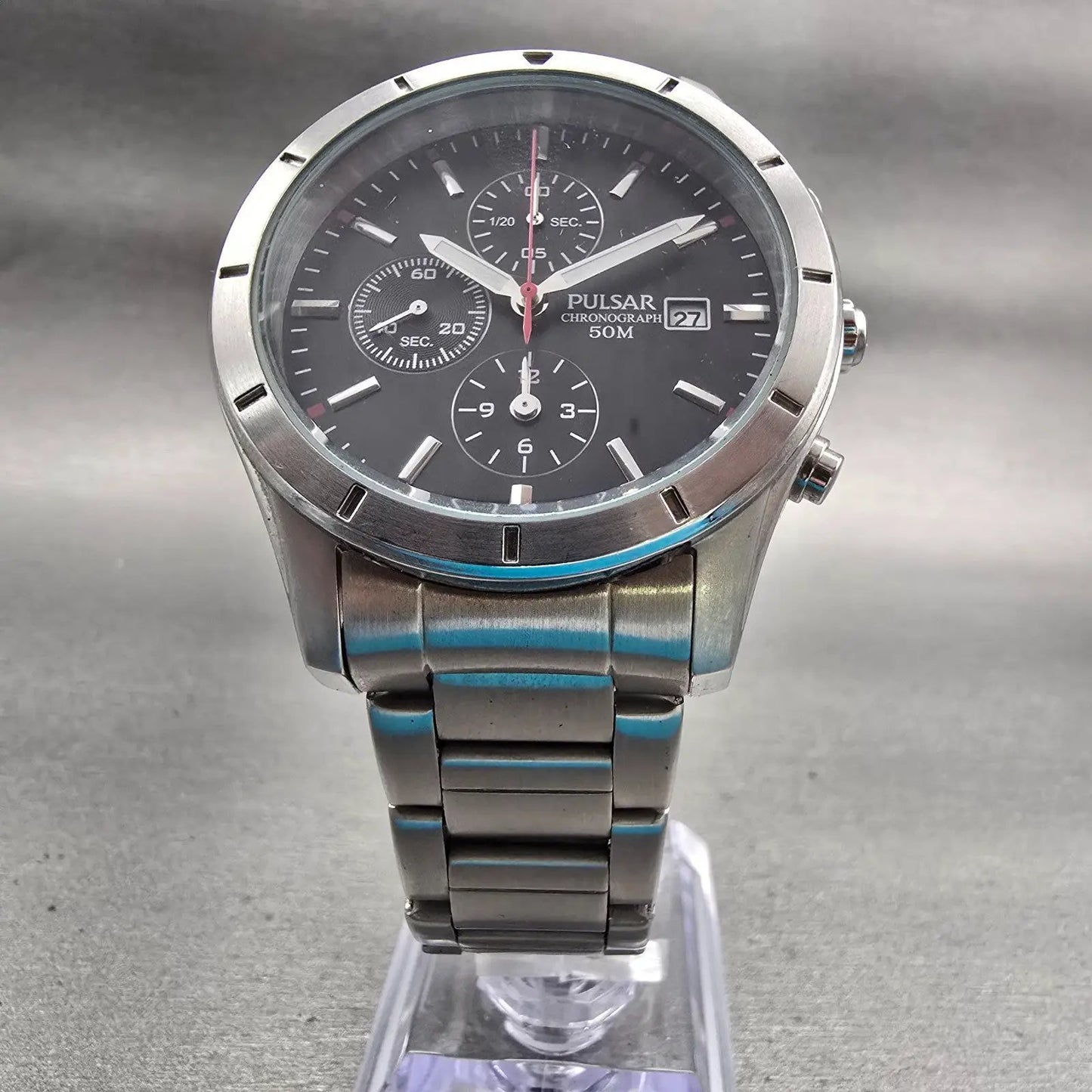 Seiko Pulsar Chronograph Watch Men 40mm Black Dial Silver Tone YM92-X181 New Bat5