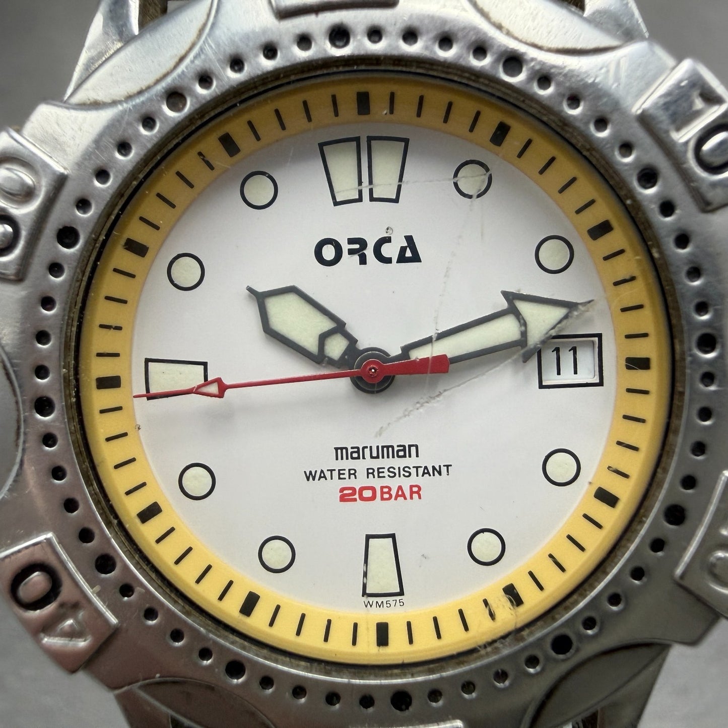Maruman Orca Dive Watch Men 38mm White Dial Silver Tone Date Round New batt1