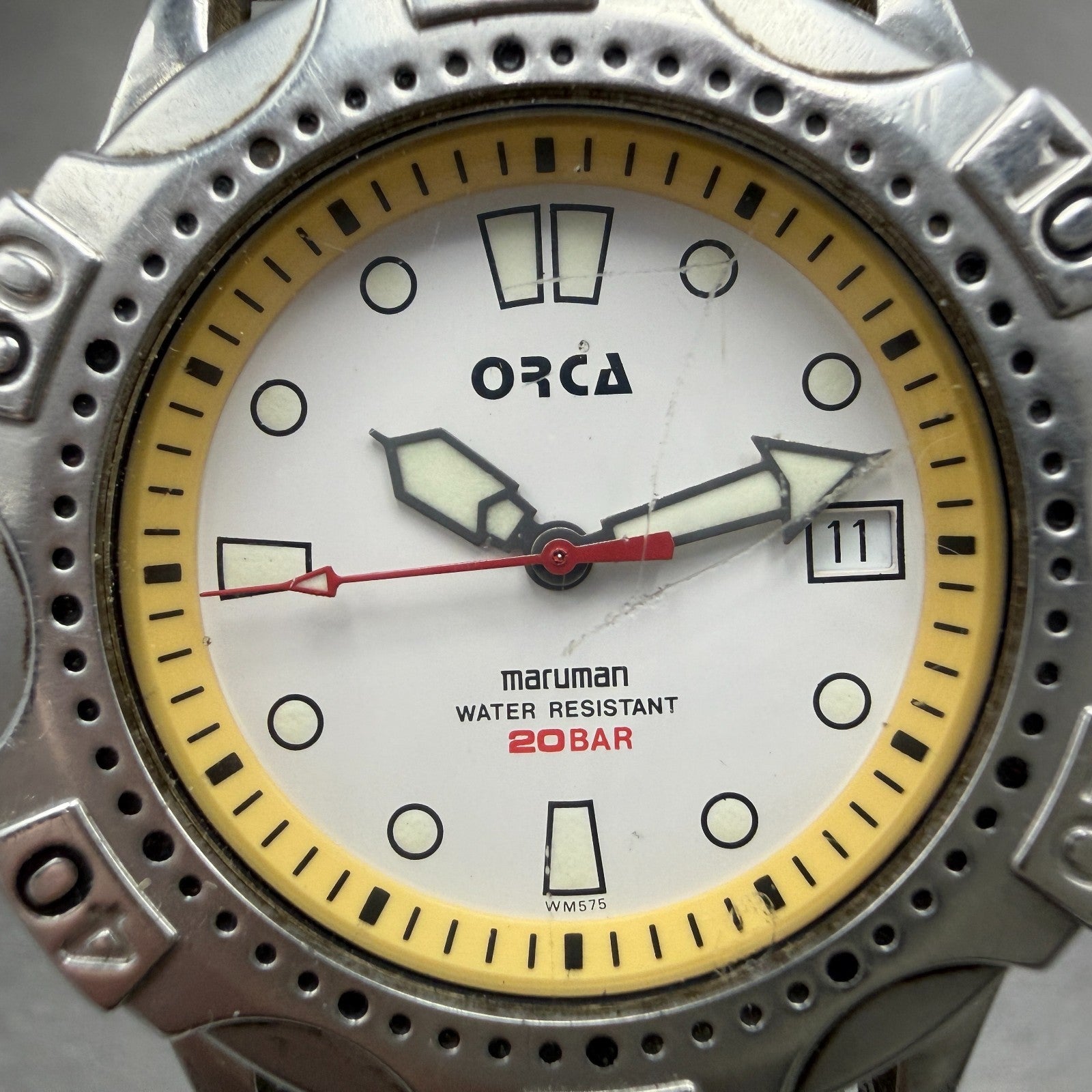 Maruman Orca Dive Watch Men 38mm White Dial Silver Tone Date Round New batt1