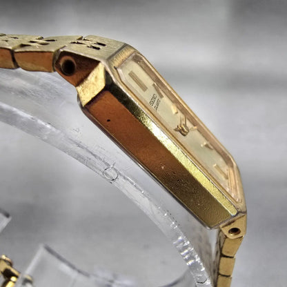 Seiko Watch Women 12mm Gold Dial Gold Tone Rectangle 1320-5029 New Battery VTG3