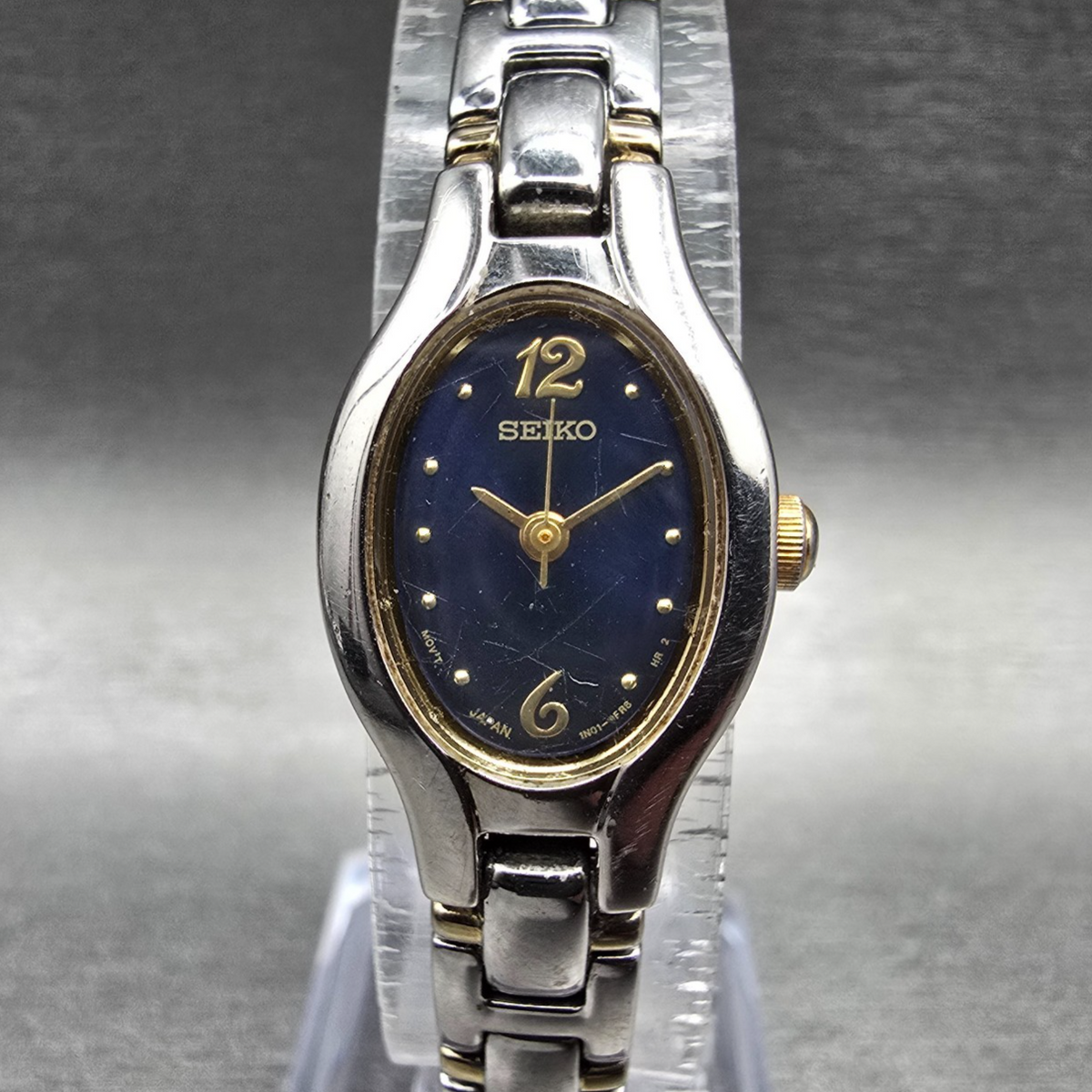 Seiko Watch Women 17mm Blue Dial Two Tone Oval 1N01-0CT0 New Battery Vintage JP0
