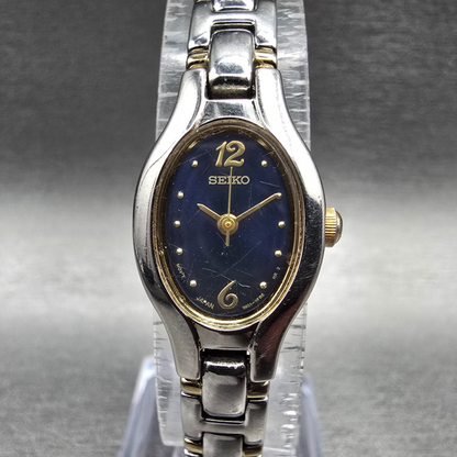 Seiko Watch Women 17mm Blue Dial Two Tone Oval 1N01-0CT0 New Battery Vintage JP0