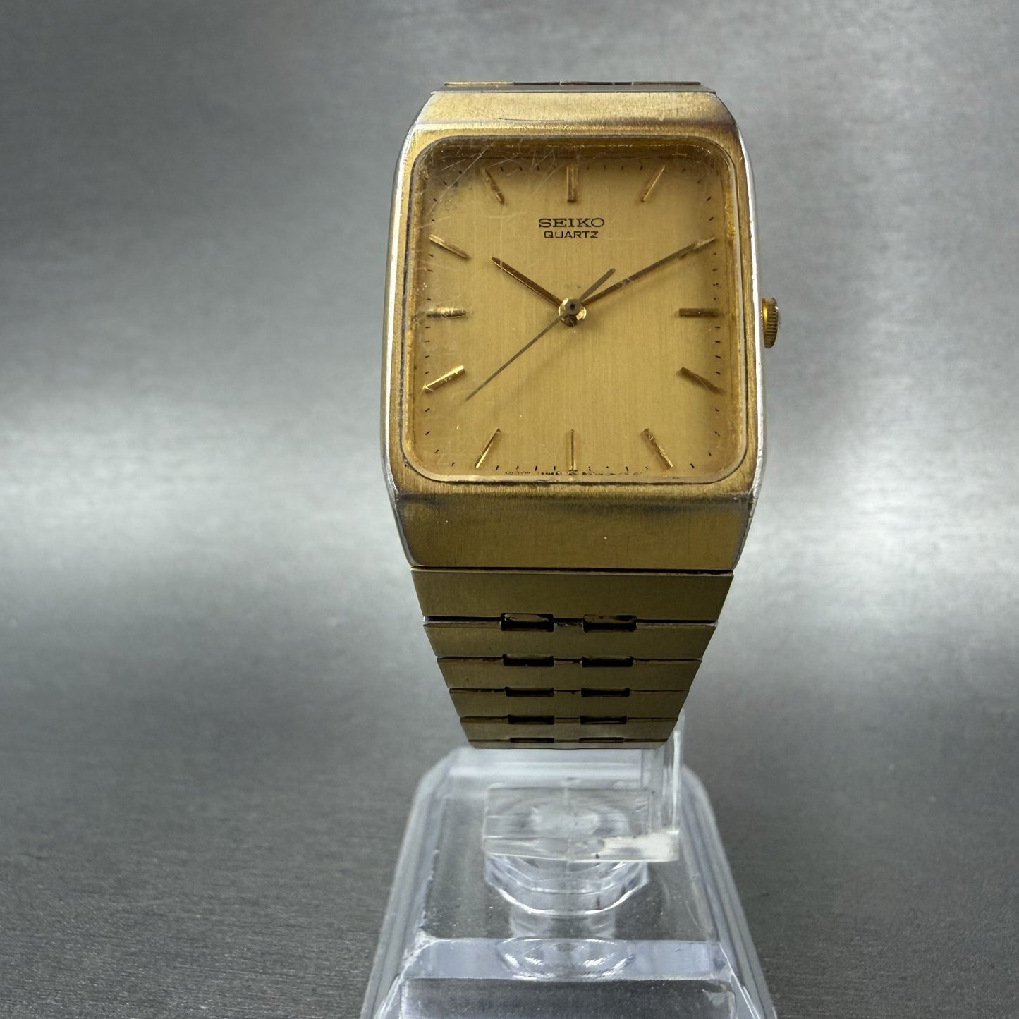 Seiko Tank Watch Men 26mm Champagne Dial Gold Tone Rectangle 5Y955009 New Batt5