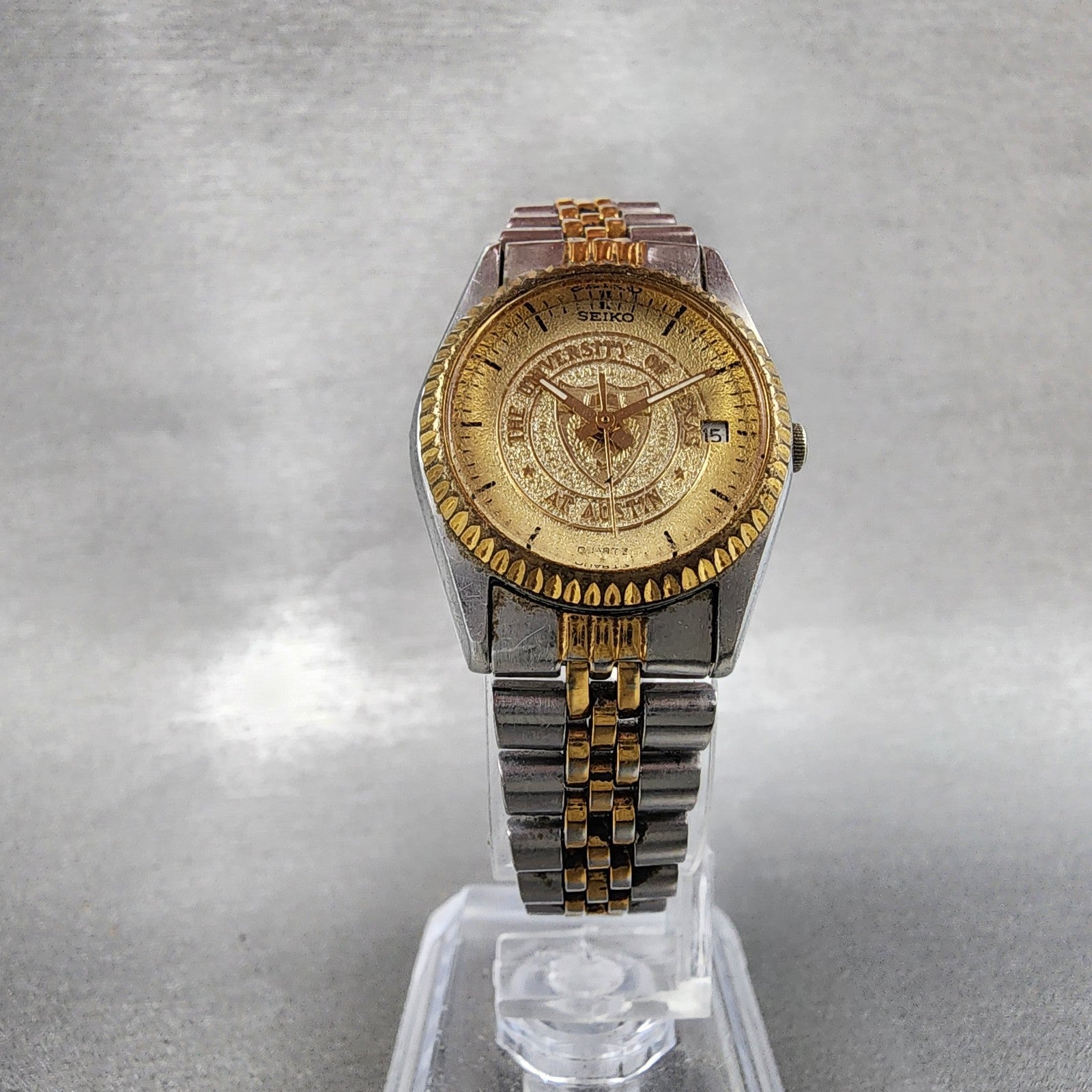 Seiko Watch Women 24mm Gold Dial Two Tone Daydate 7N830049 UT Austin New Batt5
