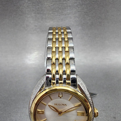 Bulova Diamond Watch Women 30mm Silver Dial Two Tone Diamond Bezel Round 98R2964
