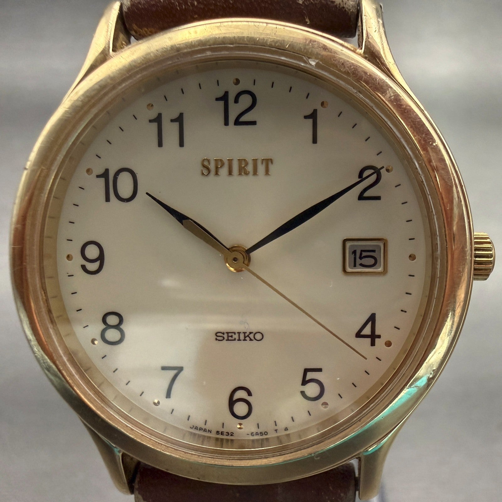 Seiko Spirit Watch Men 33mm Champagne Dial Gold Tone Date Round 5E32-6A3A Newbat1