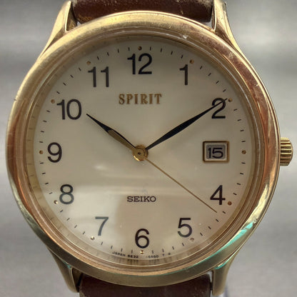 Seiko Spirit Watch Men 33mm Champagne Dial Gold Tone Date Round 5E32-6A3A Newbat1