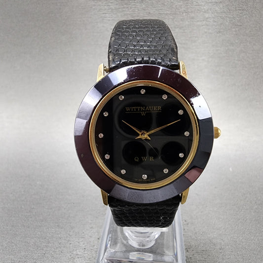 Wittnauer QWR Watch Men 33mm Black Dial Gold Tone Round  New Battery0