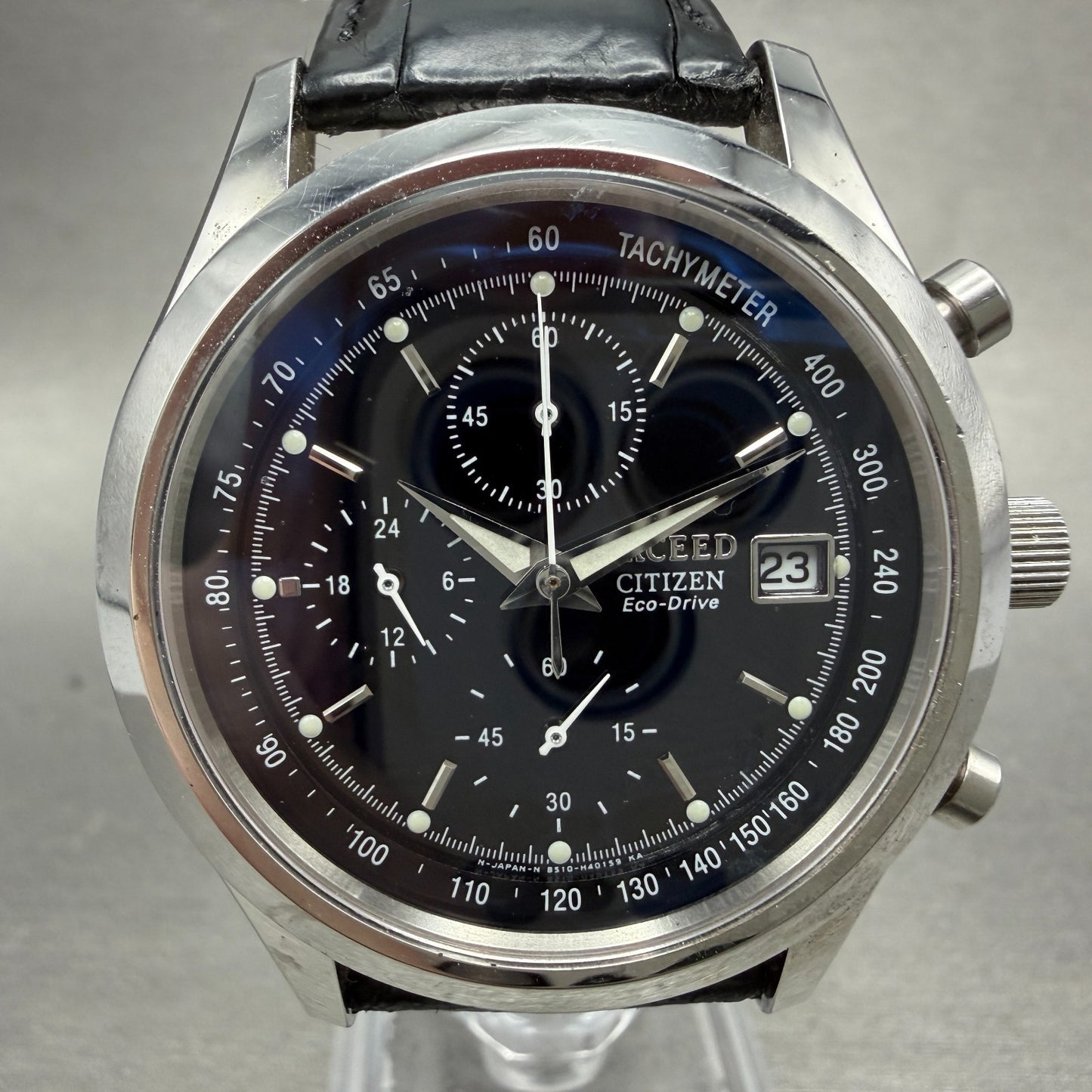 Citizen Eco-Drive Exceed Chronograph Watch Men 39mm Black Dial Silver Date Works0