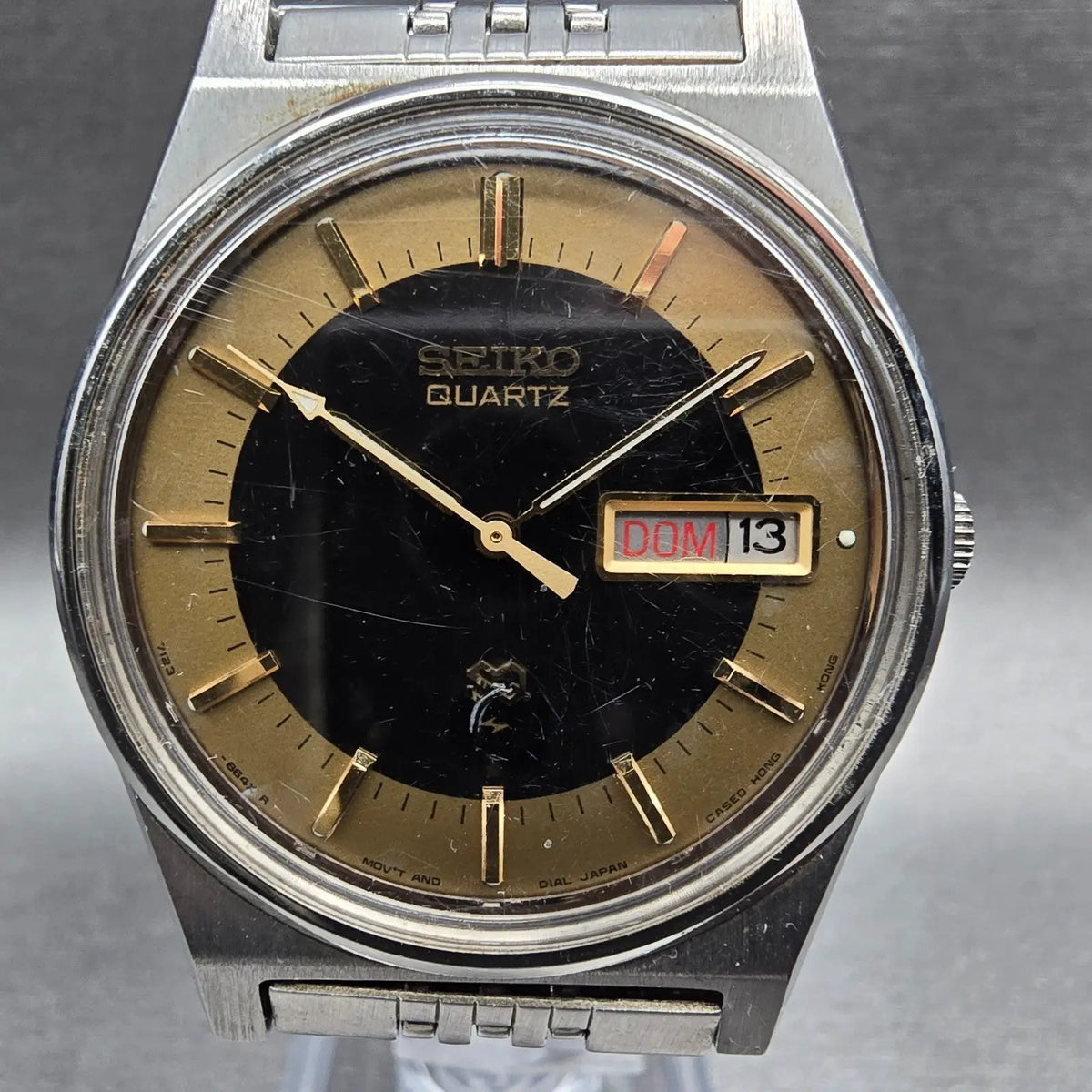 Seiko SQ Watch Men 34mm Black Dial Silver Daydate Round 7123-8439 New Batt VTG1