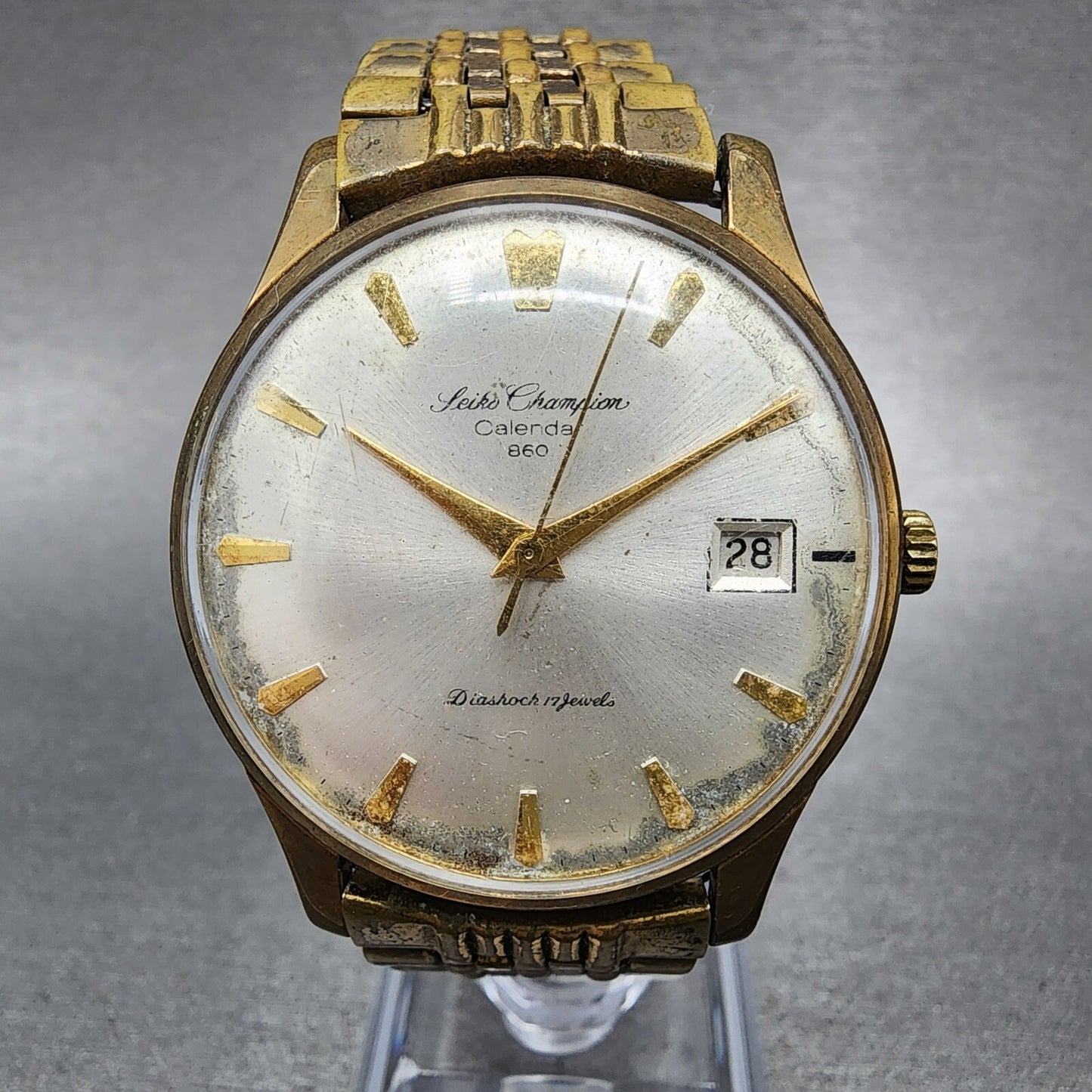 Seiko Champion Calender Watch Men 36mm Silver Dial Gold Tone Date Manual PARTS