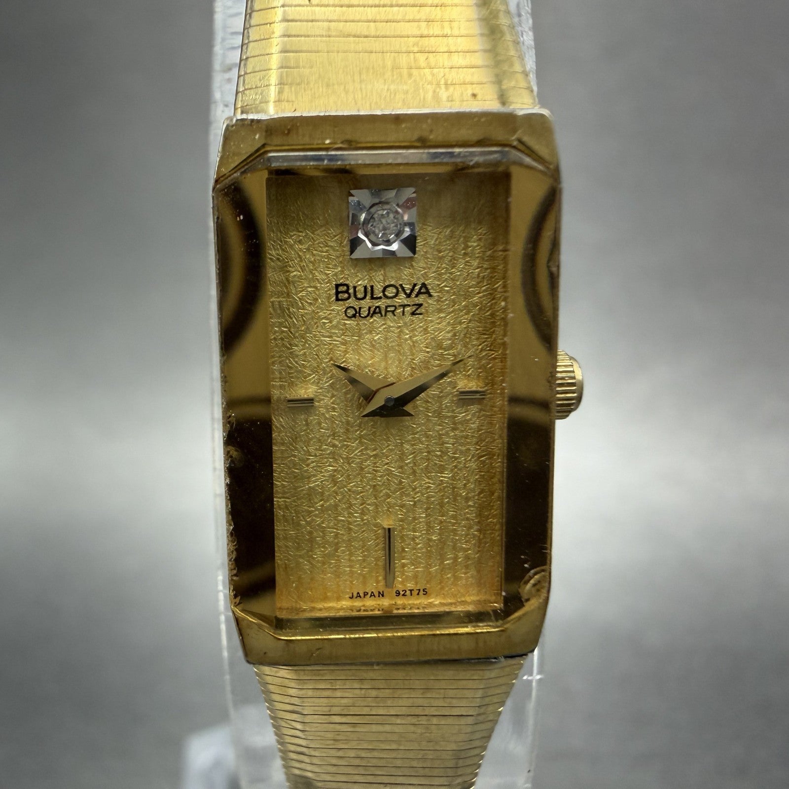 Bulova Tank Watch Women 13mm Champagne Dial Gold Tone Rdctangle 92T75 NewBattery1