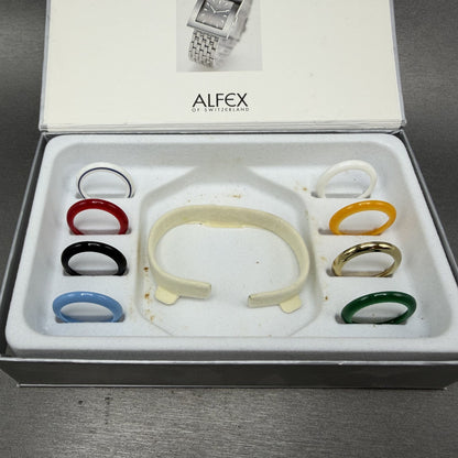 Alfex Interchange Bezel Watch Women 24mm White Dial Gold Tone Bangle New Batt12